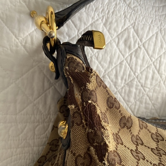 Gucci Jockey GG Monogram Canvas Brown Pebbled Leather Hobo Shoulder Bag - Picture 10 of 16